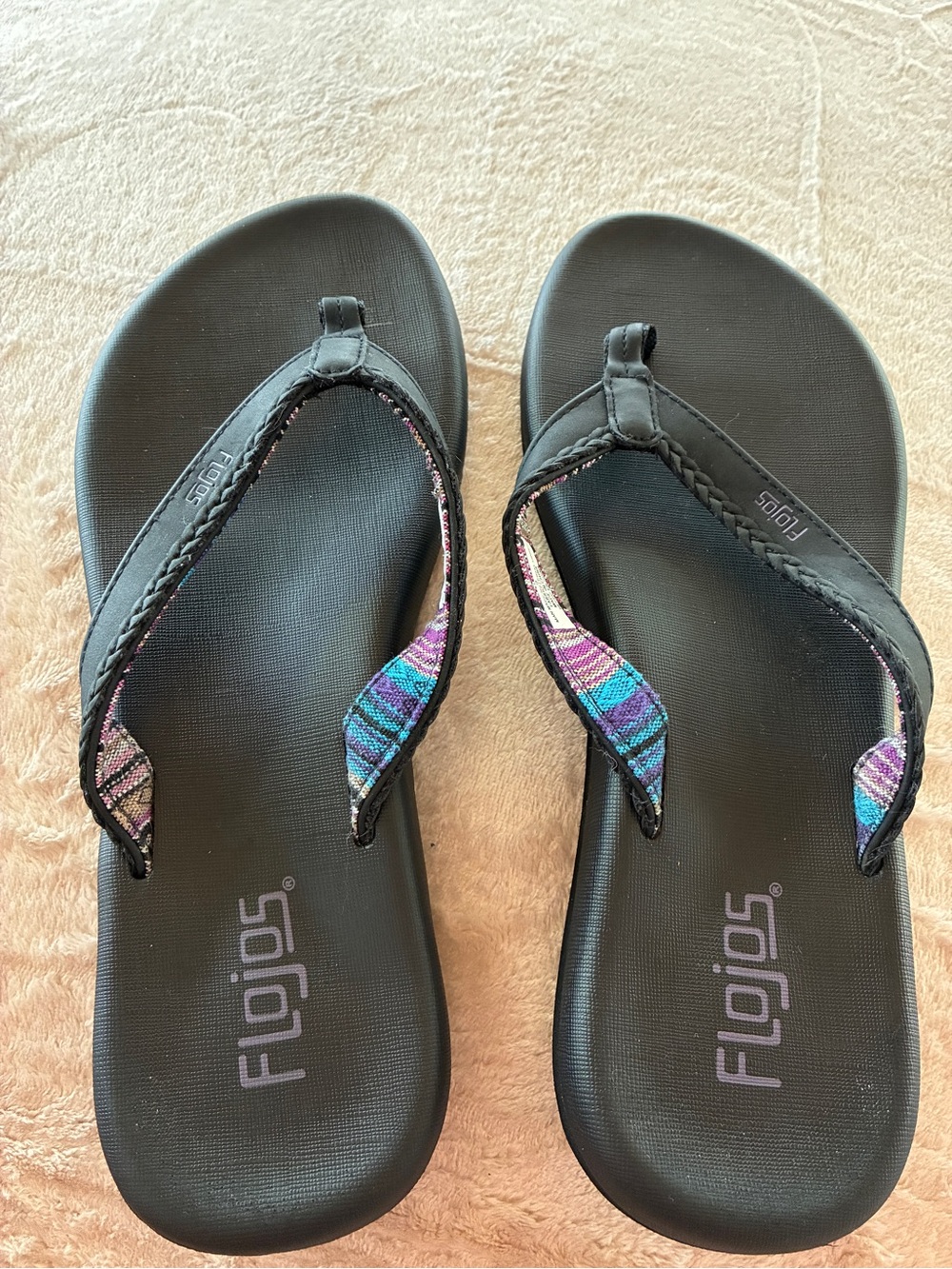 Flojos Black Flip Flop Sandals with Purple and Teal Patterned Straps